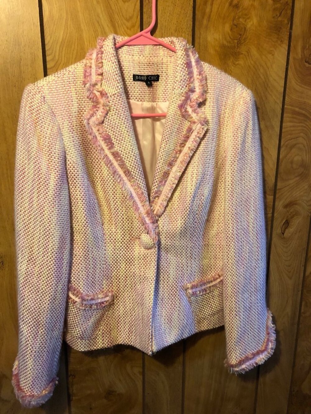 Boho Chic Baby Pink Lined Collared Blazer w/ Decorative Fringe Sz 4